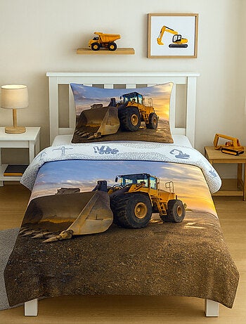 Parure de Lit Enfant Tractopelle, 100% Coton Oeko-Tex, Imprimée Réversible, Lit 1 Place, CHANTIER