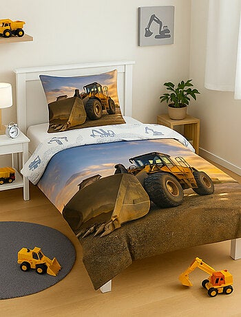 Parure de Lit Enfant Tractopelle, 100% Coton Oeko-Tex, Imprimée Réversible, Lit 1 Place, CHANTIER