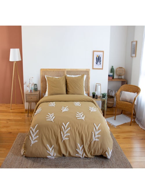 Parure de lit FEUILLU – 240x220 cm – Coton lavé tufté – 52 fils/cm² – Moutarde - Kiabi