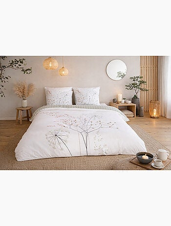 Parure de lit fleur zen - 100% coton 57 fils/cm² - 240x220 / blanc