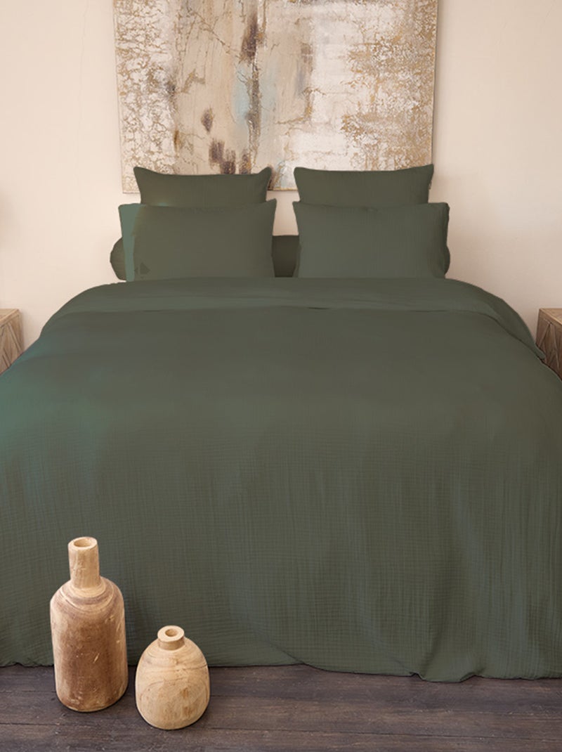Parure de lit gaze de coton CASSIS Taie 65x65 cm Vert foncé - Kiabi
