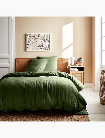 Parure de lit gaze de coton kaki Alix