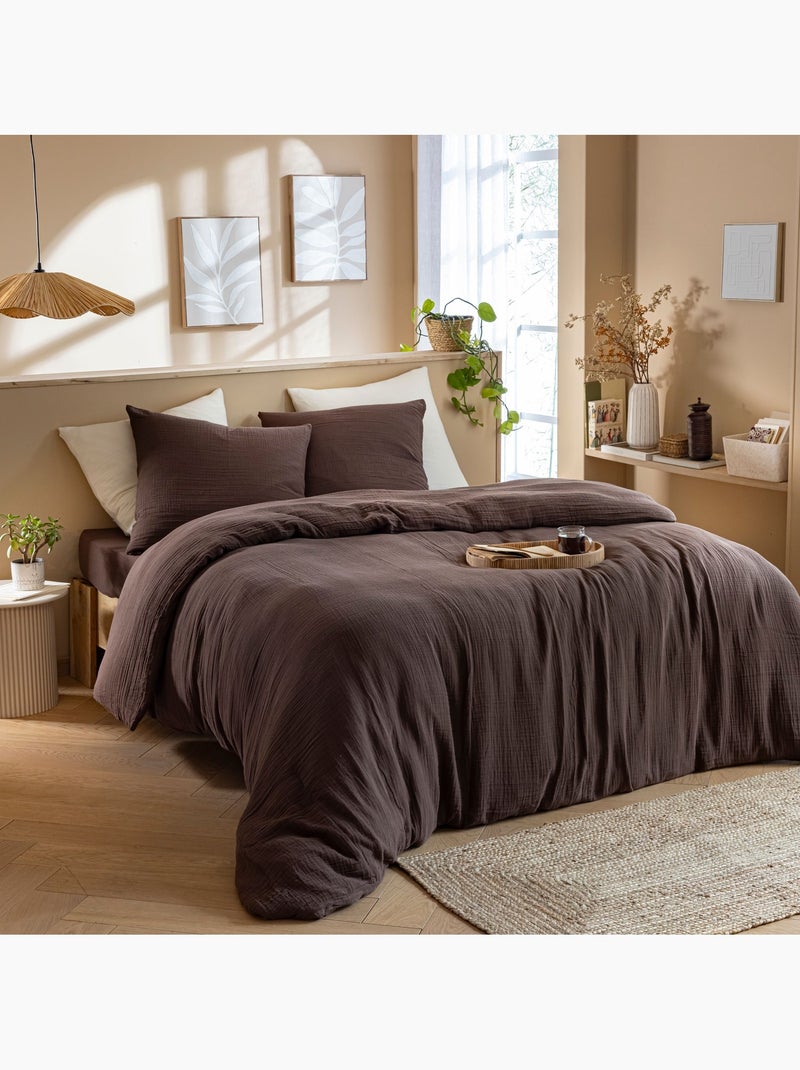 Parure de lit gaze de coton Marron - Kiabi