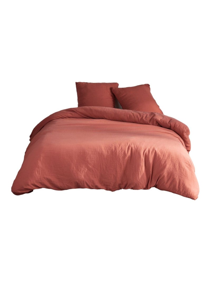 Parure de lit gaze de coton unie TERRACOTTA ESSENTIAL Rouge - Kiabi