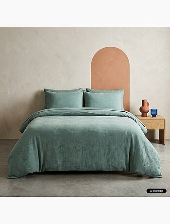 Parure de lit gaze de coton vert amande alix