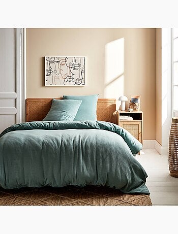 Parure de lit gaze de coton vert amande Alix