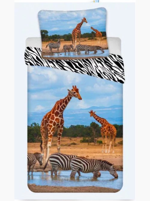 Parure de Lit Girafe, Zèbre Savane, 100% Coton Oeko Tex, Lit 1 Place - Kiabi