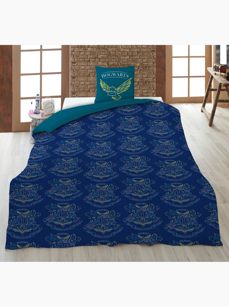 Parure de Lit Harry Potter Poudlard 140x200 cm + Taie 63x63 cm 100% Polyester Réversible Noir Bleu Bleu - Kiabi
