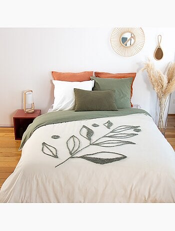 Parure de lit HERBIER – 240x220 cm – Coton lavé tufté – 52 fils/cm² – Vert olive