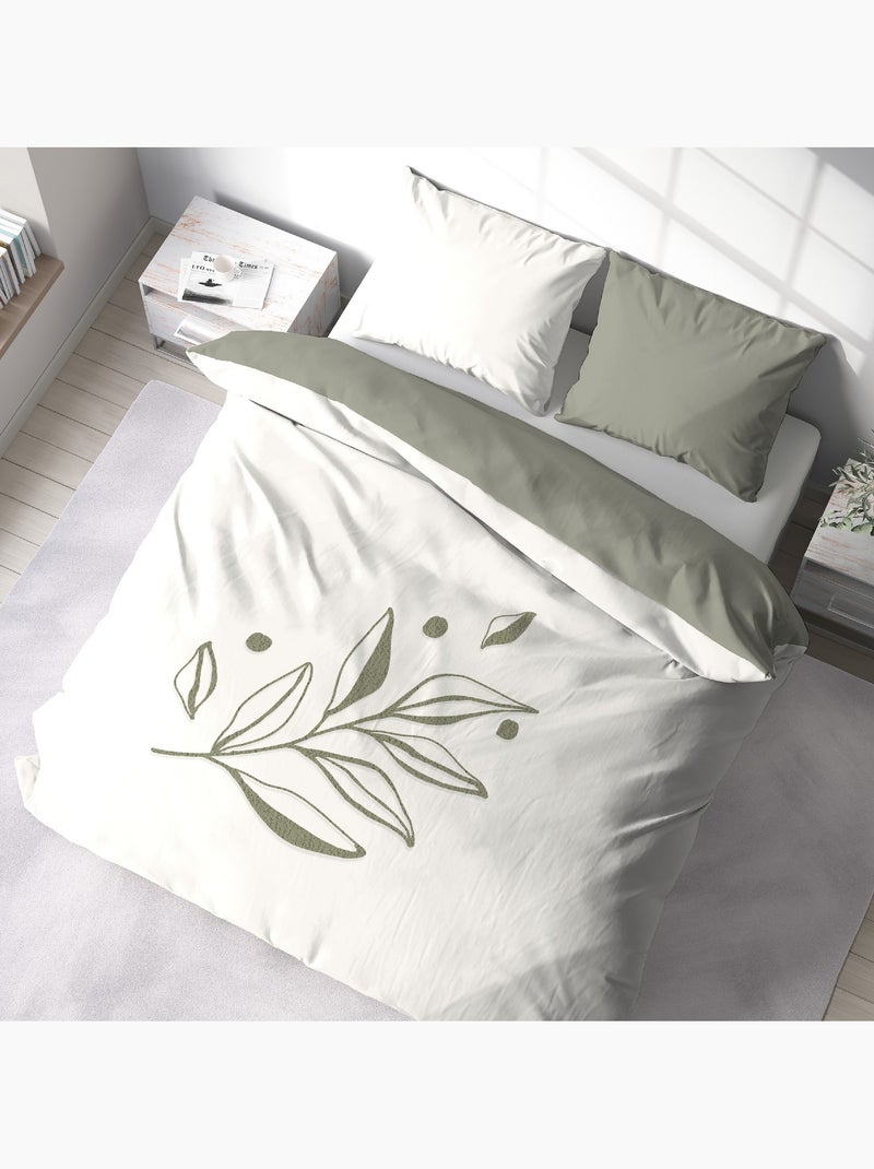 Parure de lit HERBIER – 240x220 cm – Coton lavé tufté – 52 fils/cm² – Vert olive Blanc - Kiabi