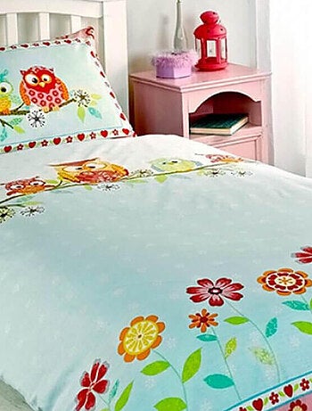 Parure de lit Hiboux colorés et fleurs 135 cm x 200 cm