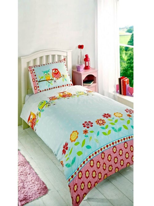 Parure de lit Hiboux colorés et fleurs 135 cm x 200 cm - Kiabi