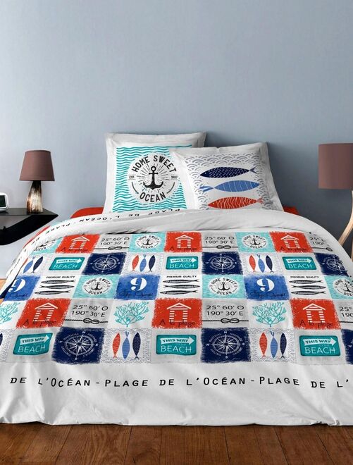 Parure de lit housse de couette avec taies d'oreiller 100% Coton 57 fils Ocean Bleu - Kiabi