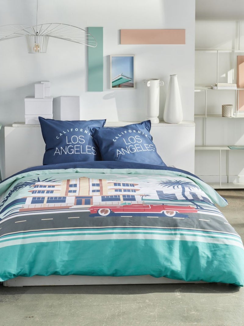 Parure de lit imprimé graphique coton JAVA CALIFORNIA Bleu - Kiabi