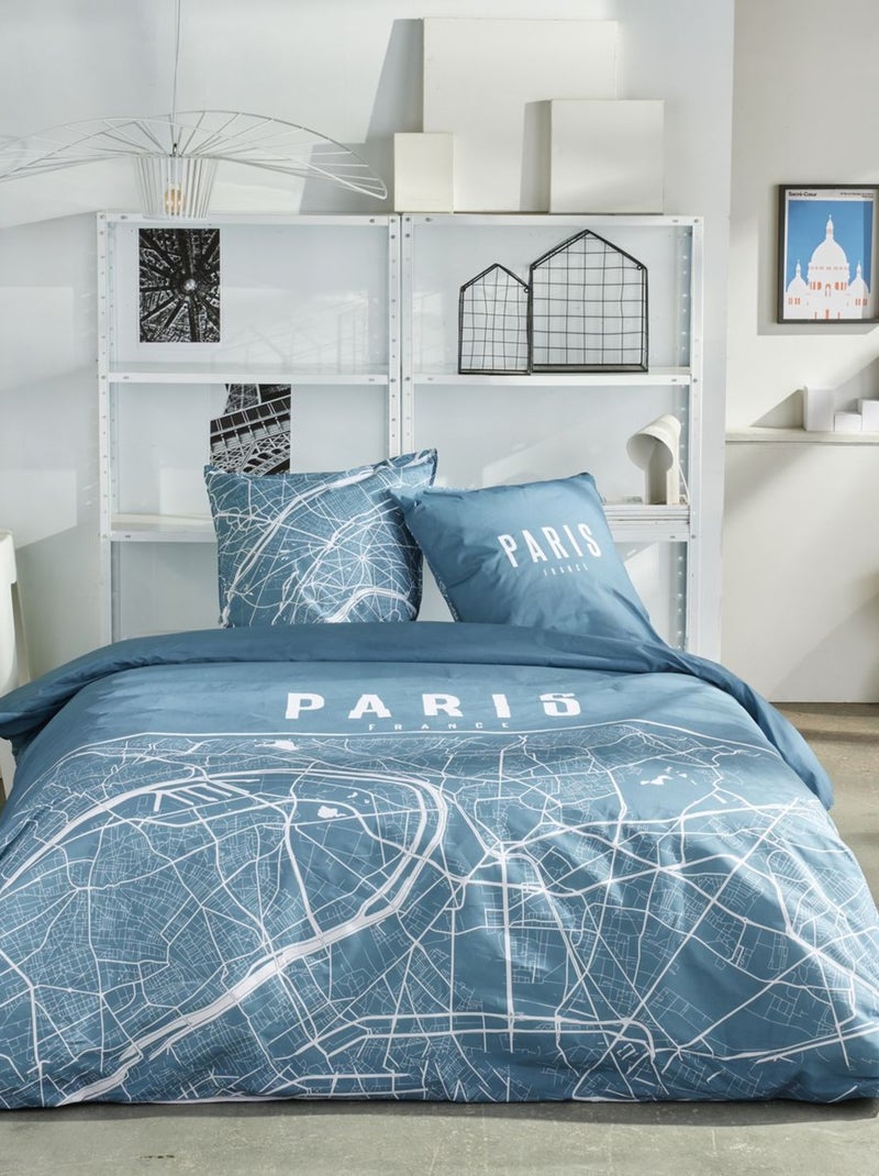 Parure de lit imprimé graphique coton JAVA PARISIENNE Bleu - Kiabi