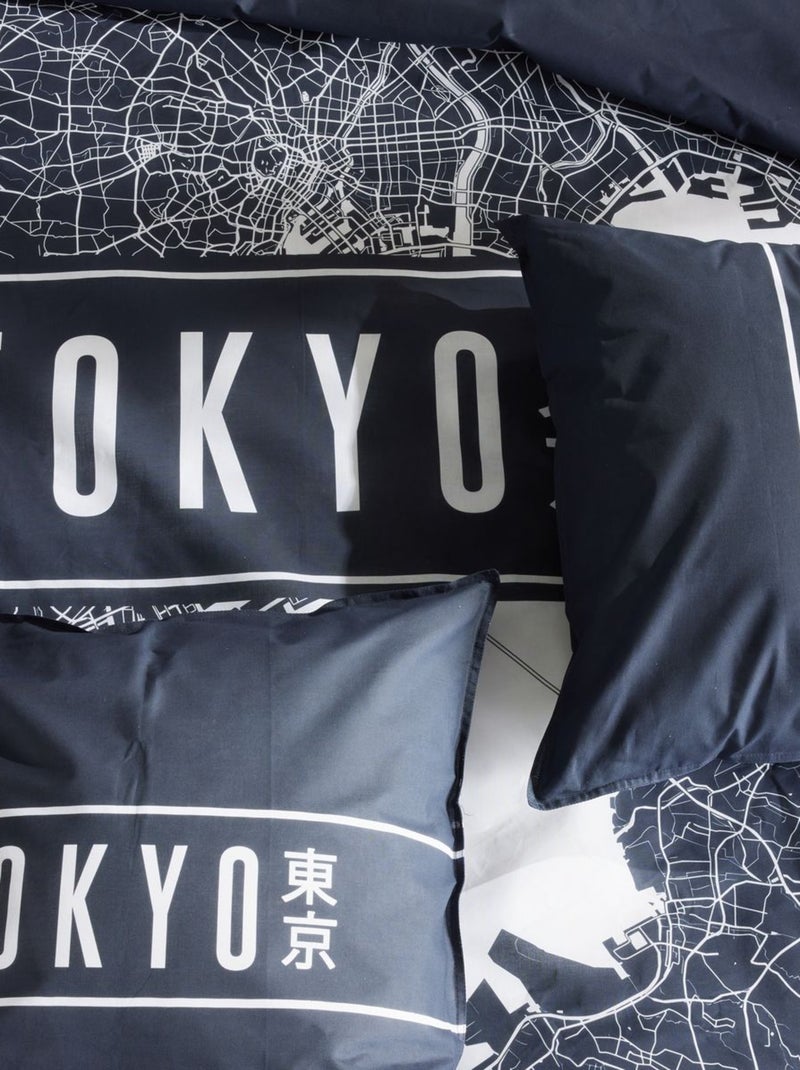 Parure de lit imprimé graphique coton JAVA TOKYO Bleu marine - Kiabi