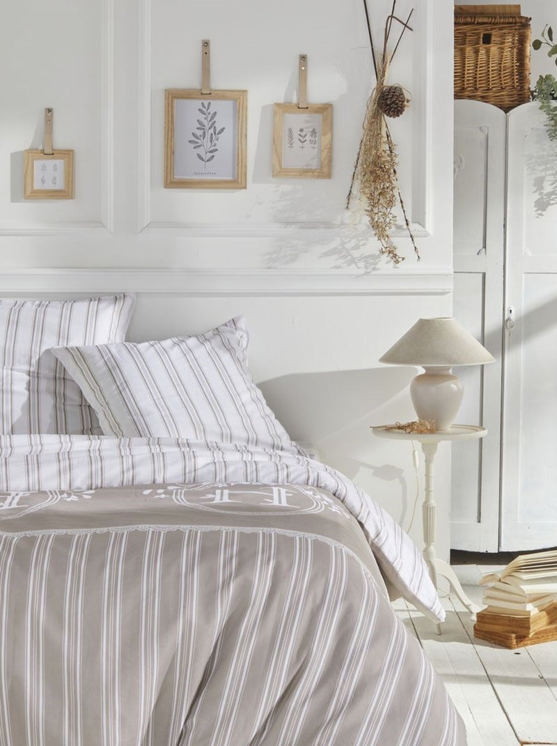 Parure de lit imprimé rayures coton CHARME Beige - Kiabi