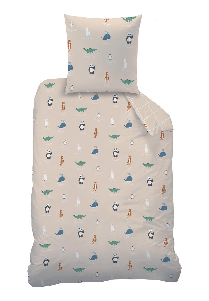 Parure de lit imprimée 100% coton, ANIMAUX DU MONDE Beige - Kiabi