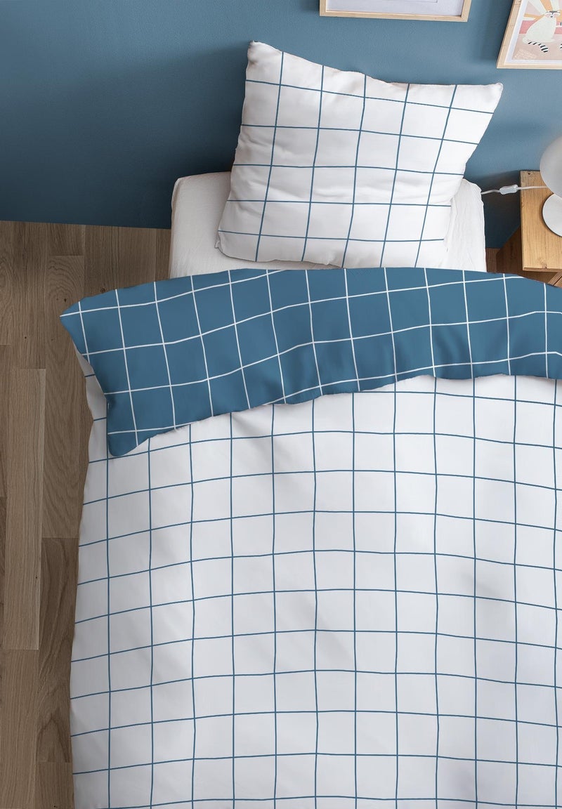 Parure de lit imprimée 100% coton, CHECKS Bleu outremer - Kiabi