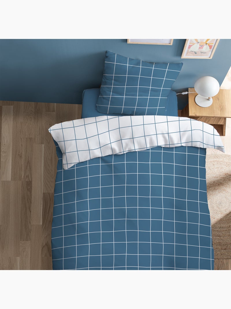 Parure de lit imprimée 100% coton, CHECKS Bleu outremer - Kiabi