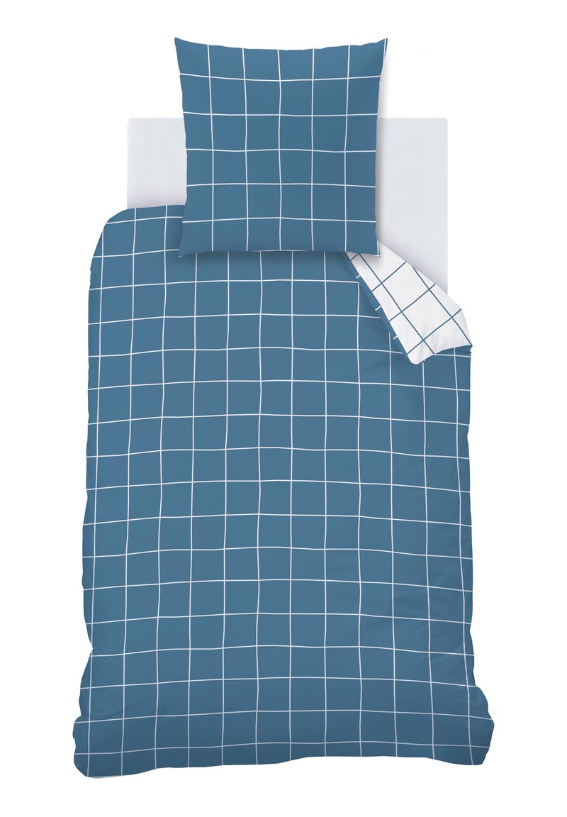 Parure de lit imprimée 100% coton, CHECKS Bleu outremer - Kiabi