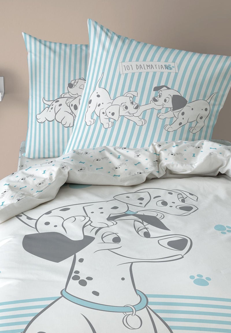 Parure de lit imprimée 100% coton, DISNEY HOME LES 101 DALMATIENS TOGETHER Blanc Bleu - Kiabi