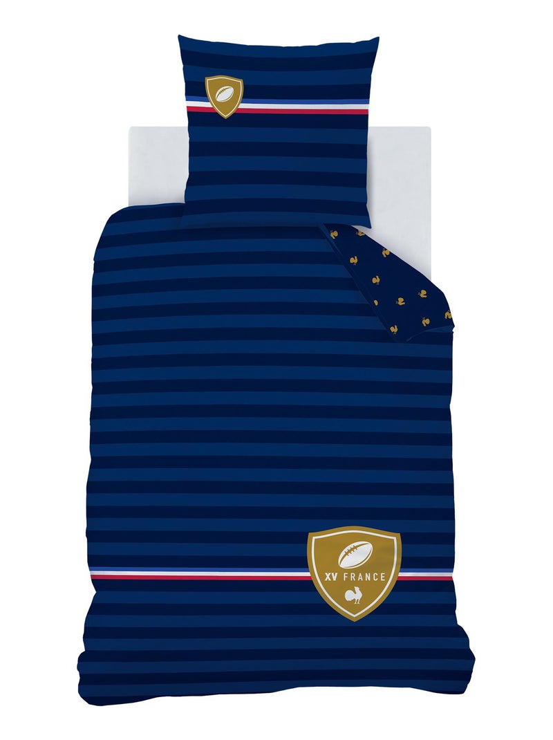 Parure de lit imprimée 100% coton, FRANCE RUGBY BLASON Bleu marine - Kiabi