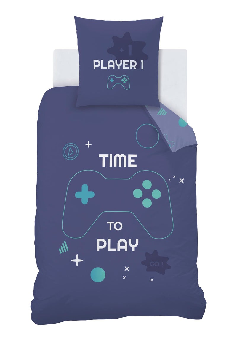 Parure de lit imprimée 100% coton, GAMER Bleu nuit - Kiabi