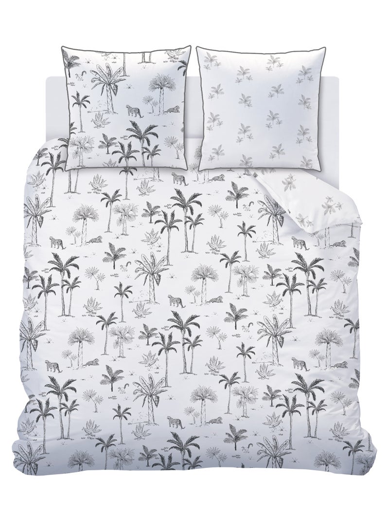 Parure de lit imprimée 100% coton, GRAVURE TROPICALE Blanc Noir - Kiabi