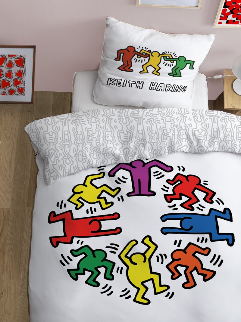Parure de lit imprimée 100% coton, KEITH HARING PARTY Noir Multicolore Blanc - Kiabi