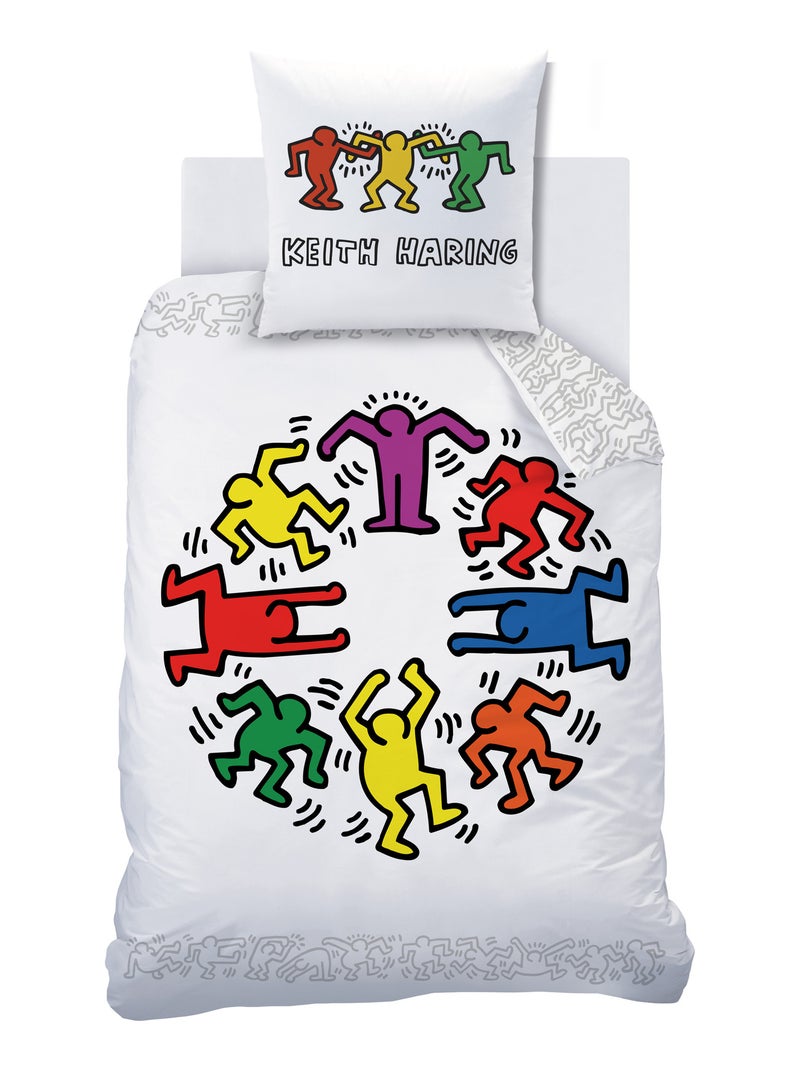 Parure de lit imprimée 100% coton, KEITH HARING PARTY Noir Multicolore Blanc - Kiabi