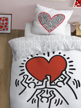 Parure de lit imprimée 100% coton, KEITH HARING RED LOVE