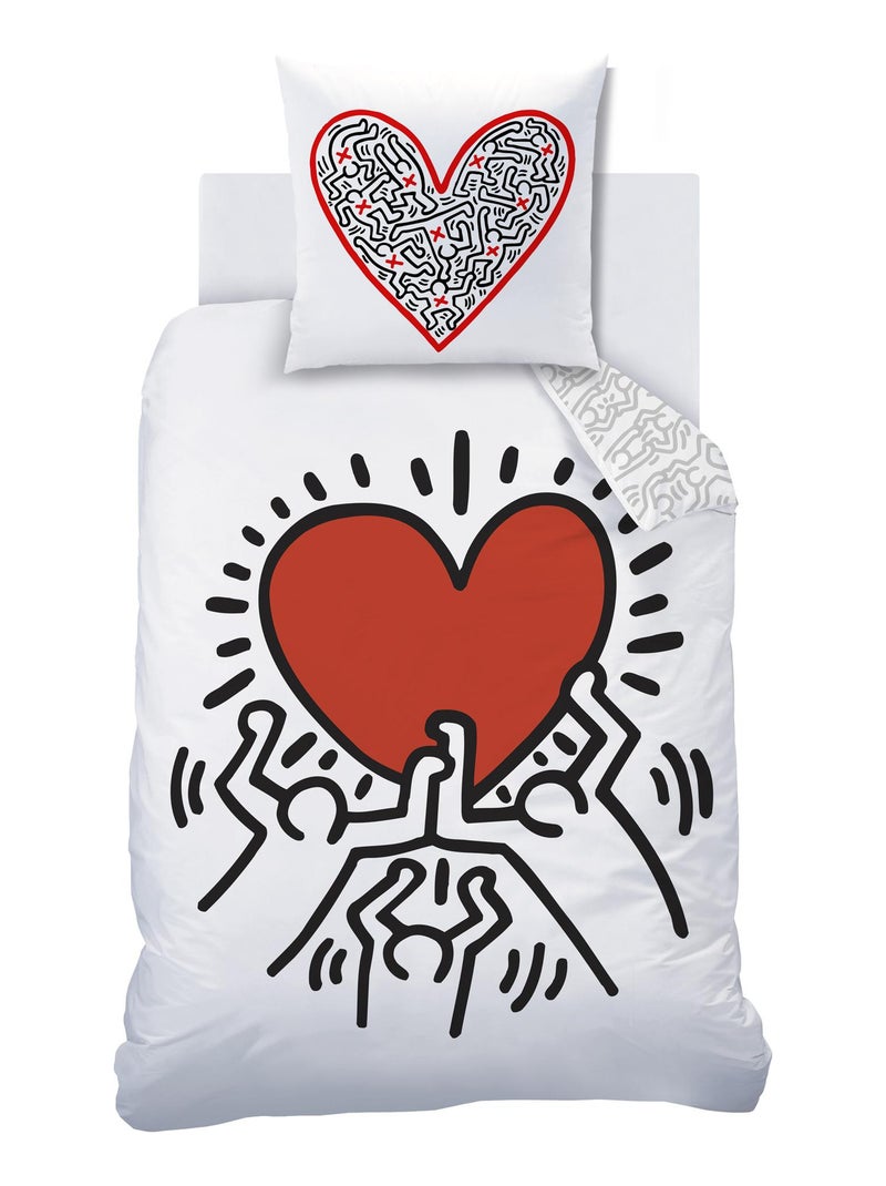 Parure de lit imprimée 100% coton, KEITH HARING RED LOVE Blanc Rouge - Kiabi