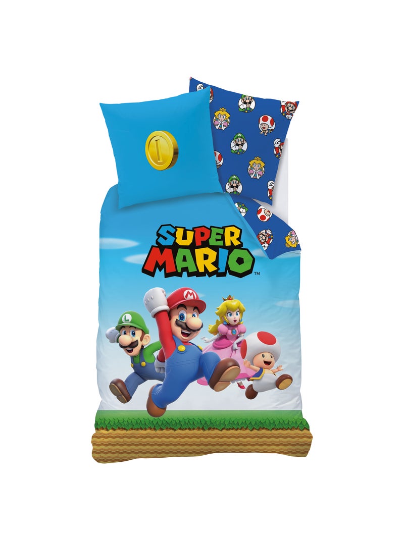 Parure de lit imprimée 100% coton, MARIO FRIENDS Bleu - Kiabi
