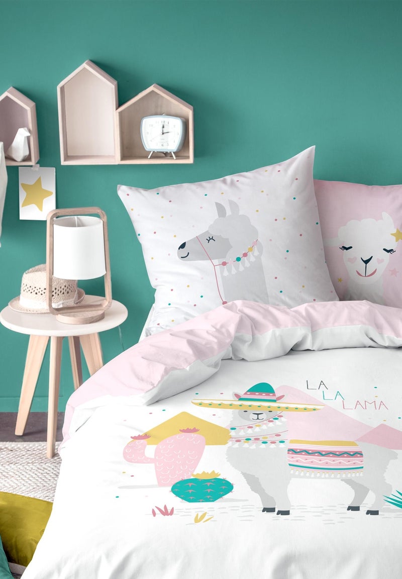 Parure de lit imprimée 100% coton, NO DRAMA LAMA Blanc - Kiabi
