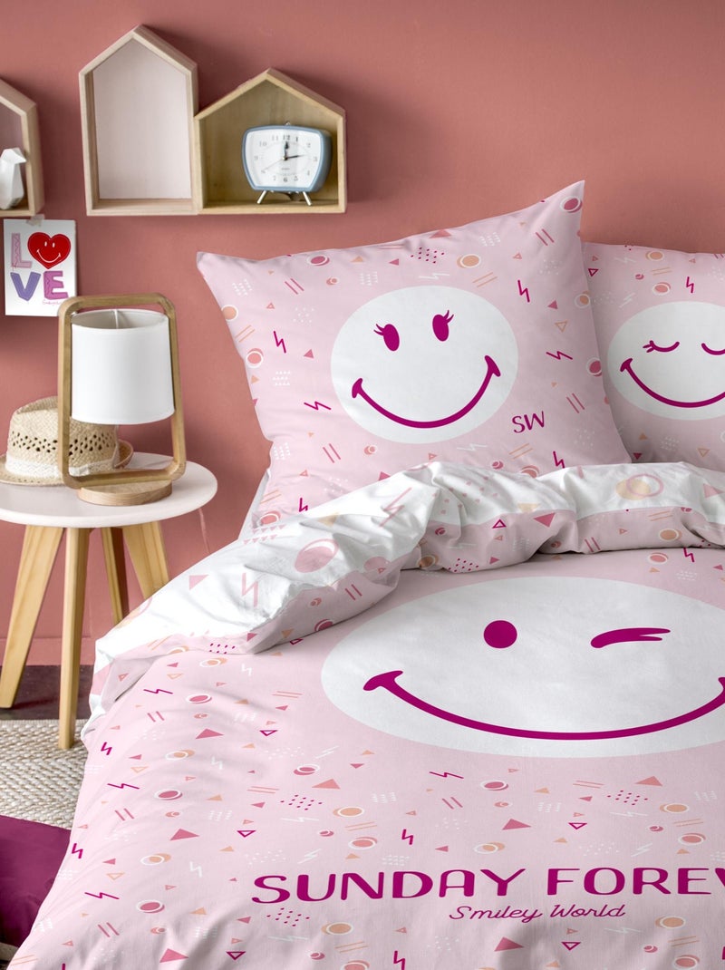 Parure de lit imprimée 100% coton, SMILEY SUNDAY Rose - Kiabi