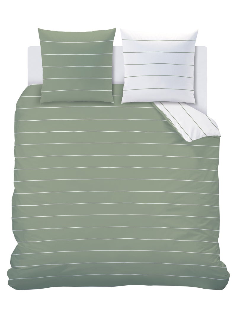 Parure de lit imprimée 100% coton, STRIPES Vert kaki clair - Kiabi