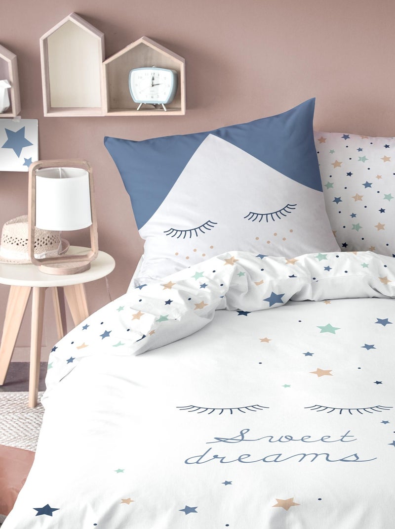Parure de lit imprimée 100% coton, SWEET DREAMS Blanc Bleu - Kiabi
