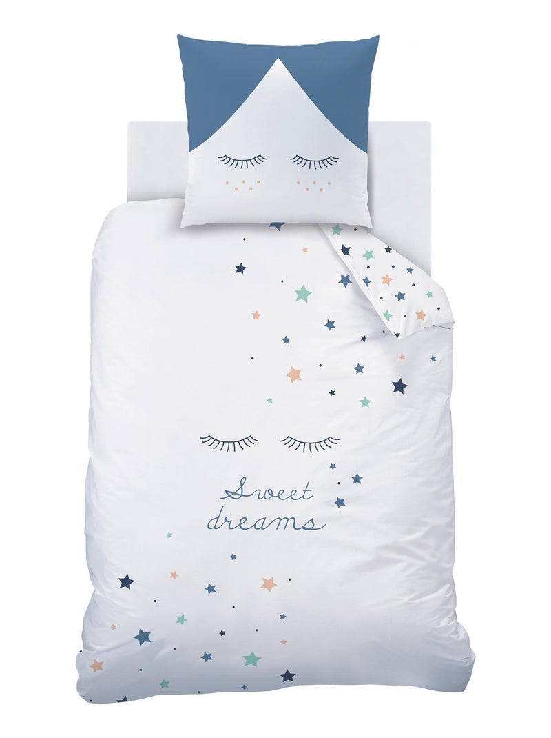 Parure de lit imprimée 100% coton, SWEET DREAMS Blanc Bleu - Kiabi