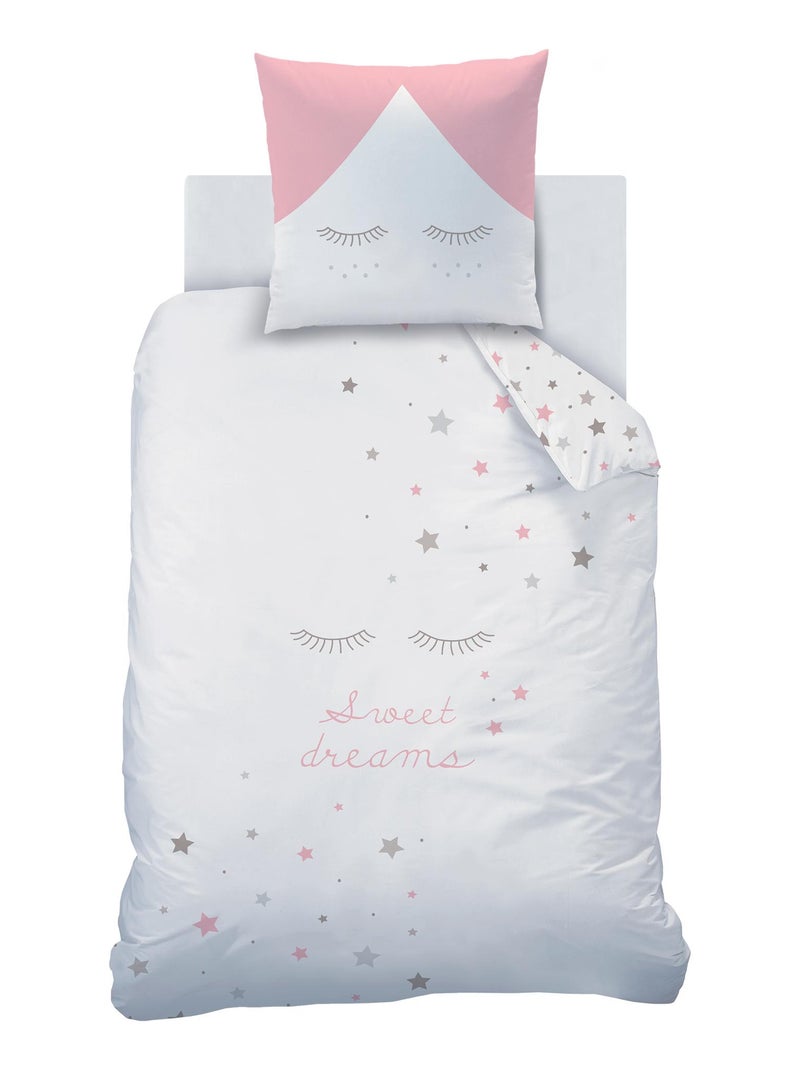 Parure de lit imprimée 100% coton, SWEET DREAMS PINK Blanc Rose - Kiabi