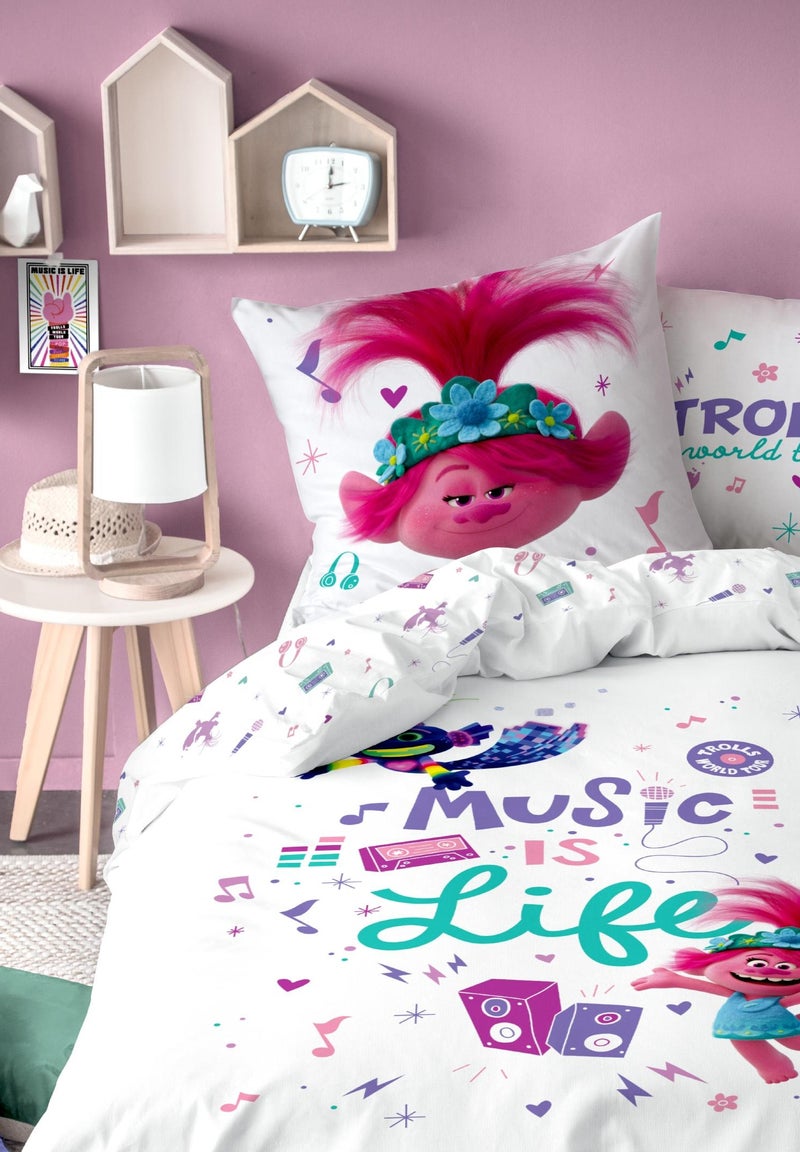 Parure de lit imprimée 100% coton, TROLLS MUSIC Blanc - Kiabi