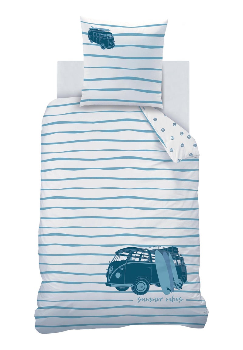 Parure de lit imprimée 100% coton, VOLKSWAGEN VIBES Blanc Bleu - Kiabi