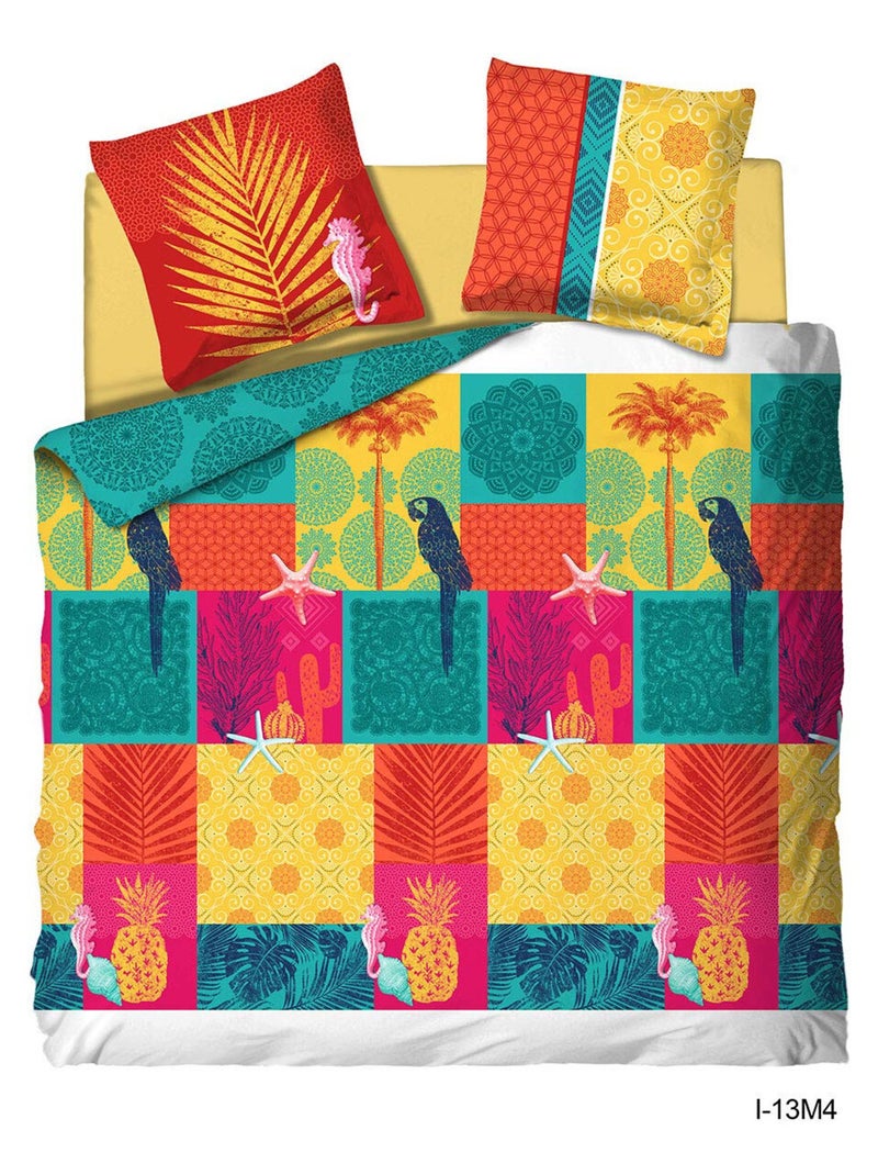 Parure de Lit Imprimée Cactus Perroquet 220x240cm Housse de Couette + Taies d'Oreiller Bleu Rose - Kiabi