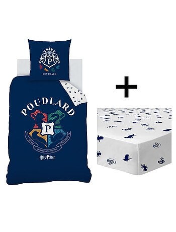 Parure de lit imprimée + drap housse 100% coton, HARRY POTTER BLASON