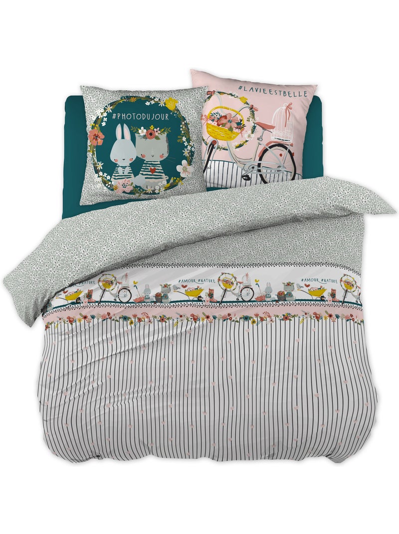 Parure de lit jardinage - 100% coton 57 fils - imprimé nature et animaux Blanc - Kiabi