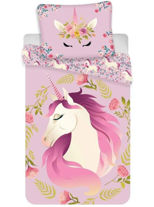 Parure de lit 'Licorne' coton imprimé fleurs et feuillage – 140x200 cm Jerry Fabrics - Kiabi