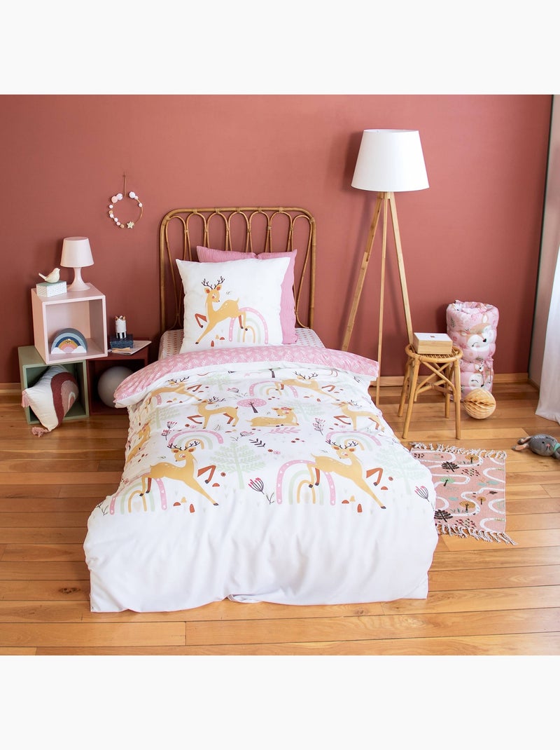 Parure de lit microfibre réversible imprimé forêt enchantée 1 place 140 x 200cm Lise Blanc Rose - Kiabi