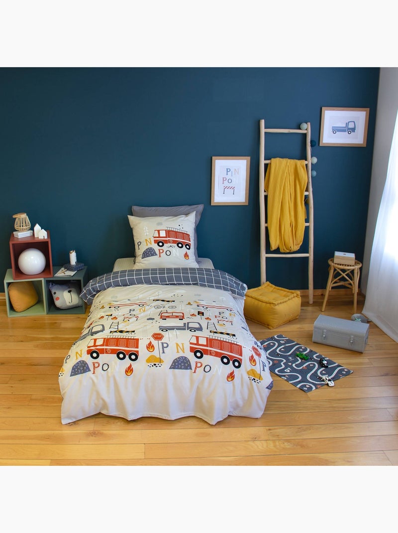 Parure de lit microfibre réversible imprimé pompier 1 place 140 x 200cm Pinpon Bleu Gris - Kiabi