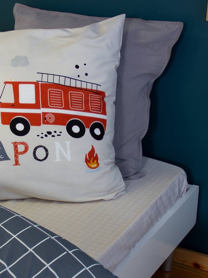 Parure de lit microfibre réversible imprimé pompier 1 place 140 x 200cm Pinpon Bleu Gris - Kiabi