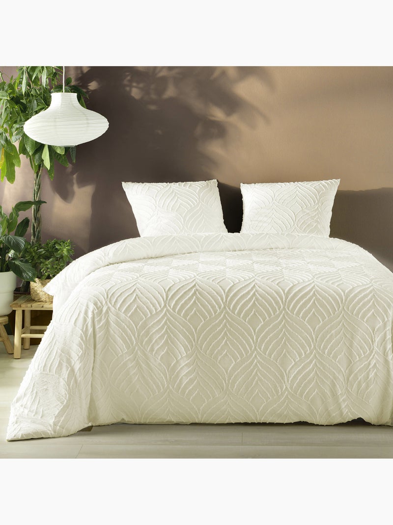 Parure de lit – Microfibre tuftée motif feuilles + 2 taies Ivoire - Kiabi